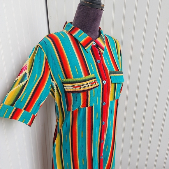 L&B Lucky & Blessed Women’s Colorful Striped Maxi Dress Button Up Short Sleeve M - Picture 3 of 15